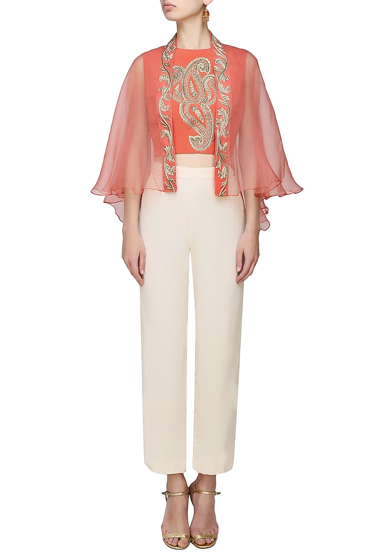 Samatvan presents ORANGE EMBROIDERED CROP TOP W/SHEER EMBROIDERED CAPE available only at Pernia's Pop Up Shop