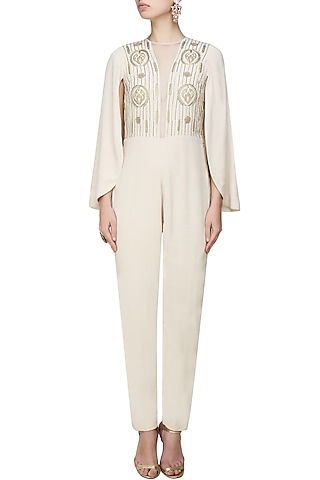 Cream and Gold Embroidred Jumpsuit with Cape Sleeves by Samatvam By Anjali Bhaskar