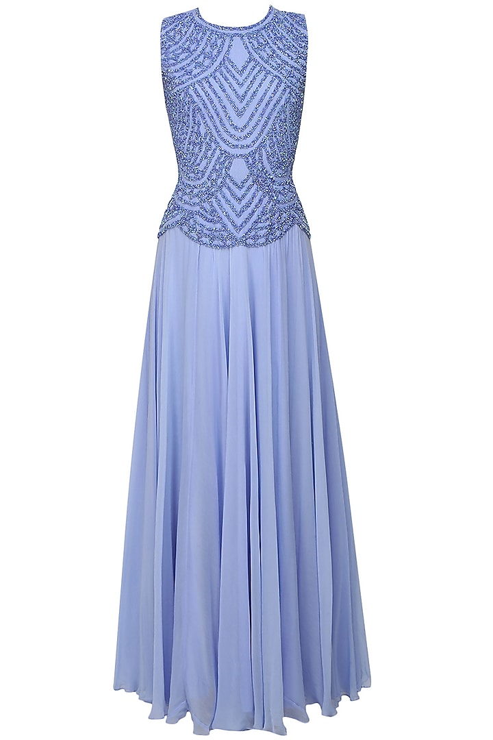 Blue Embellished Backless Floor Length Gown by Samatvam By Anjali Bhaskar