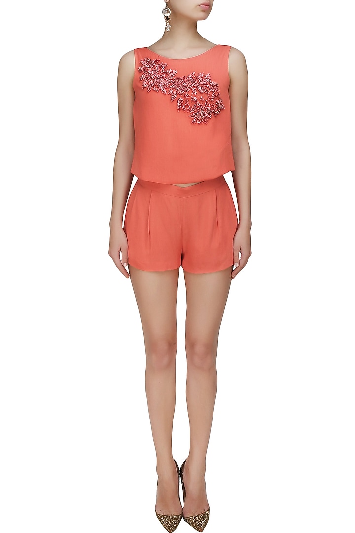 Samatvan presents ORANGE EMBELLISHED TOP & SHORTS available only at Pernia's Pop Up Shop