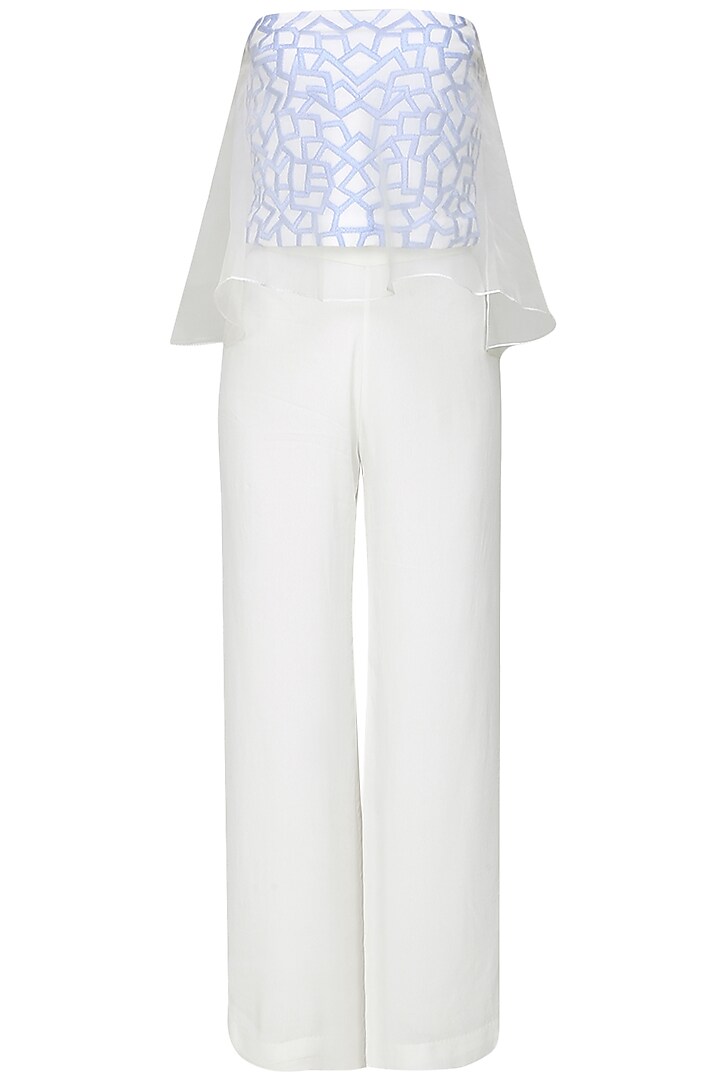 White and Blue Embroidered Tube Top with Attached Sheer Cape and Palazzo Pants by Samatvam By Anjali Bhaskar