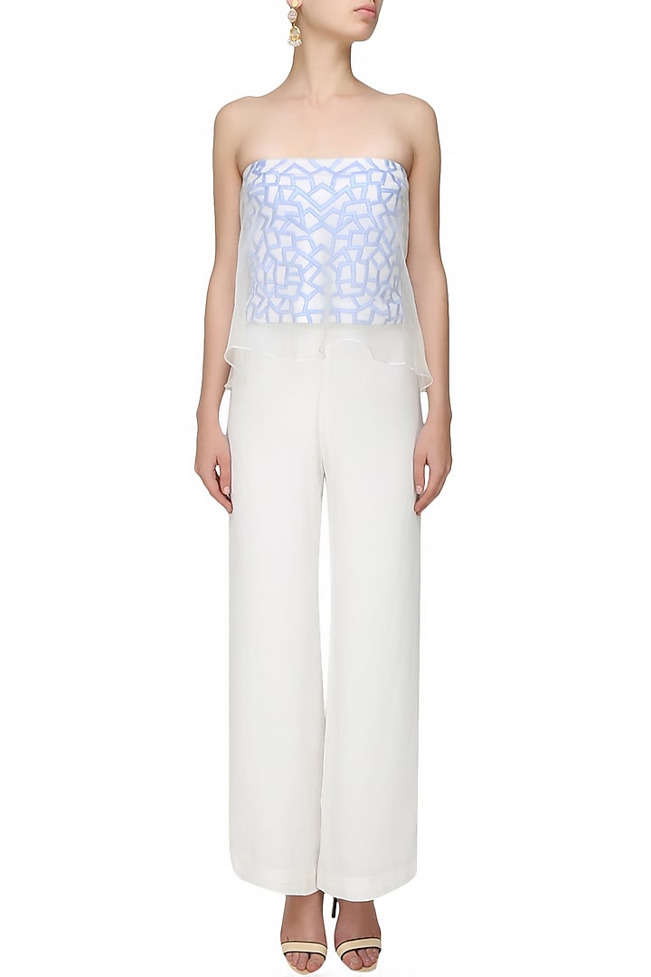 Samatvan presents WHITE & BLUE EMBROIDERED TUBE TOP W/ATTACHED SHEERCAPE & PALAZZO PANTS available only at Pernia's Pop Up Shop
