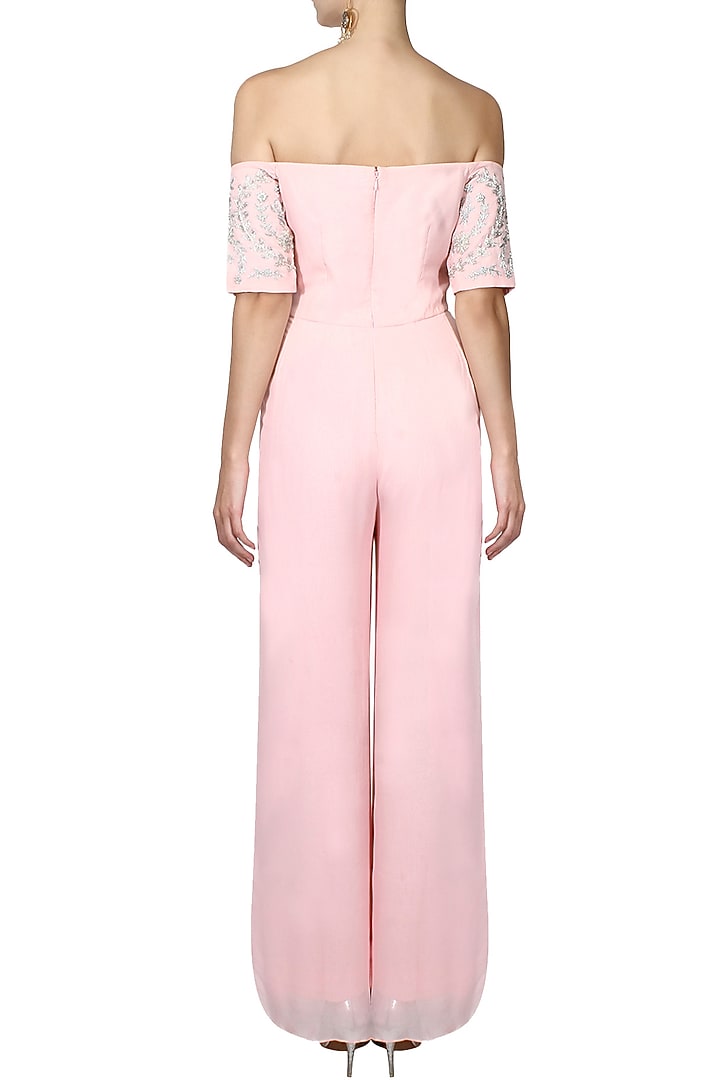 Pink cold shoulder embroidered jumpsuit available only at Pernia's Pop Up Shop