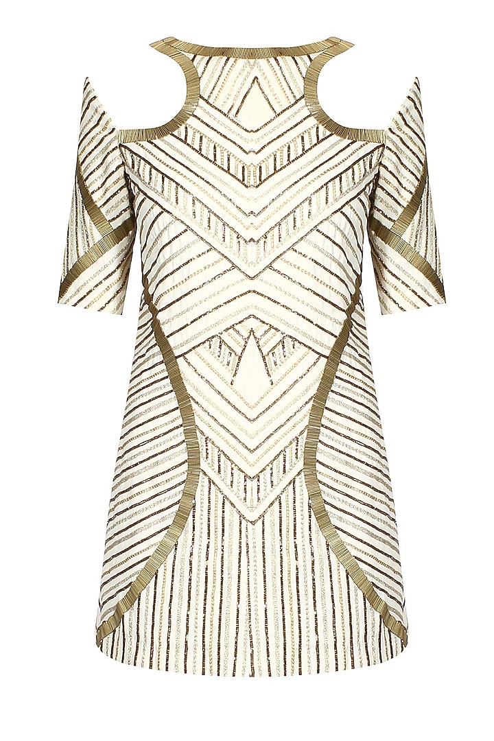 Creme and gold embellished cut out shoulder dress available only at Pernia's Pop Up Shop