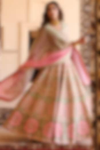 Powder Pink & Olive Green Raw Silk Gota Embroidered Lehenga Set by Saundh at Pernia's Pop Up Shop