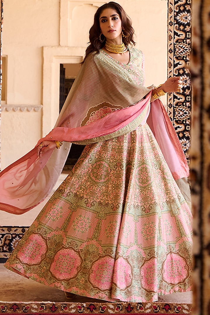 Powder Pink & Olive Green Raw Silk Gota Embroidered Lehenga Set by Saundh at Pernia's Pop Up Shop