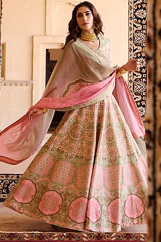 Powder Pink & Olive Green Raw Silk Gota Embroidered Lehenga Set by Saundh