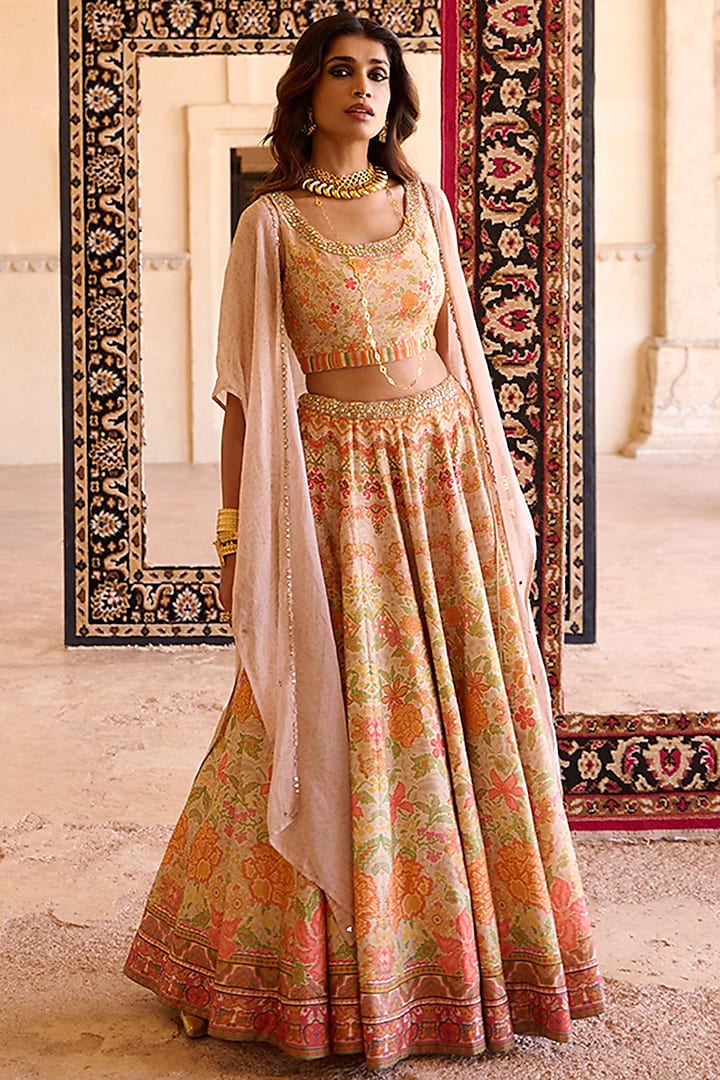 Off-White Raw Silk Floral Printed Lehenga Set by Saundh at Pernia's Pop Up Shop