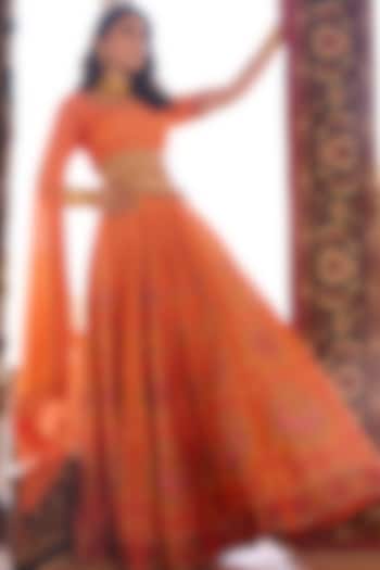 Orange Raw Silk Floral Printed & Embroidered Lehenga Set by Saundh at Pernia's Pop Up Shop
