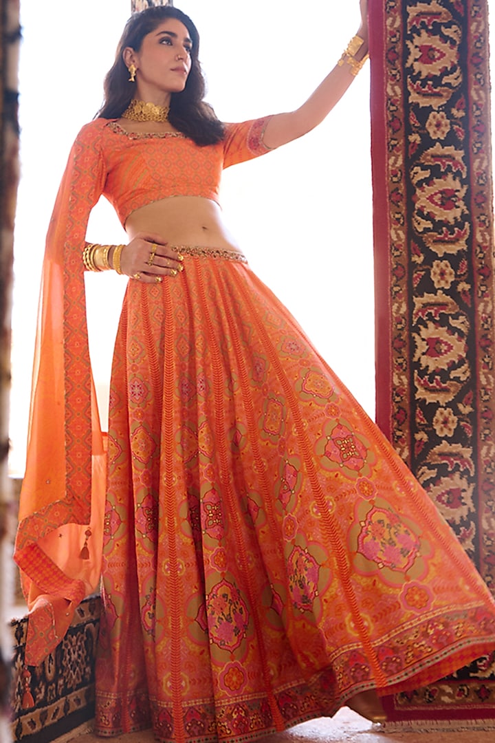 Orange Raw Silk Floral Printed & Embroidered Lehenga Set by Saundh at Pernia's Pop Up Shop