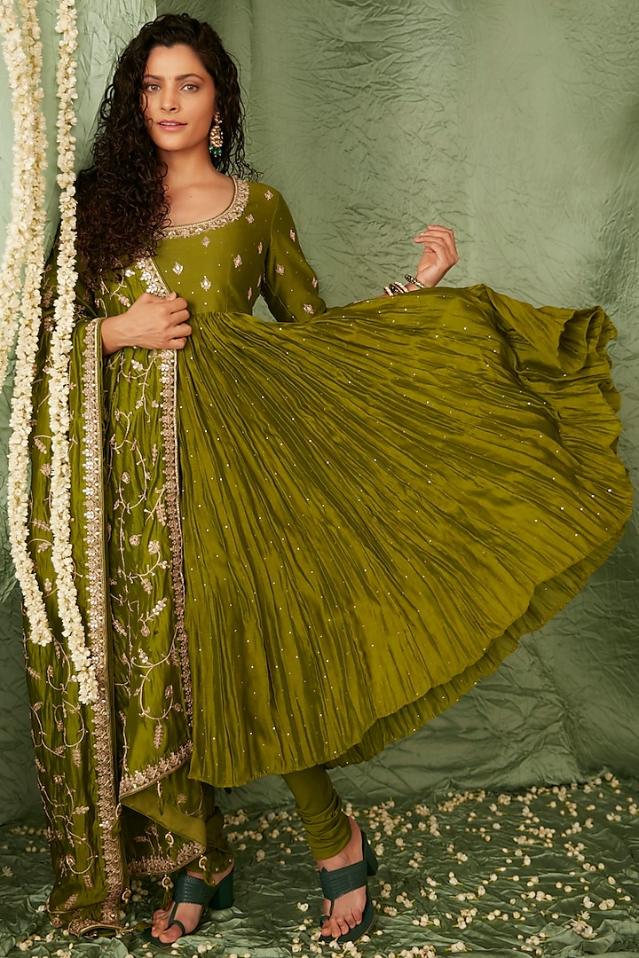 Emerald Green Chanderi Silk Anarkali Set by Punit Balana