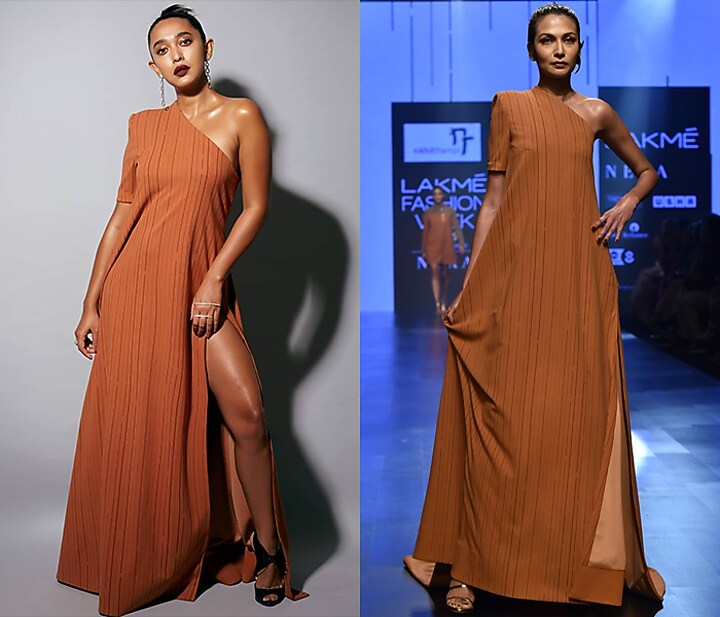 Brown One Shoulder Trapeze Gown by Nikhil Thampi at Pernia's Pop Up Shop