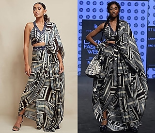 Blue Printed Pre-Draped Saree Set by Punit Balana