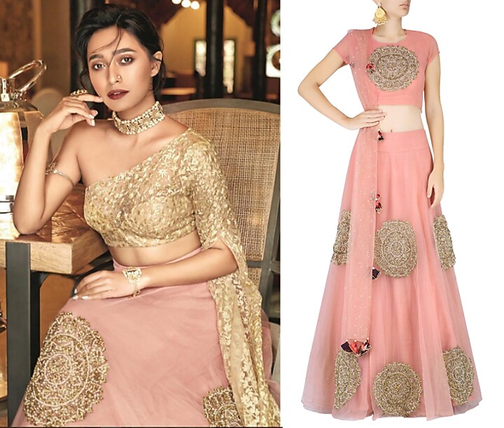 Pink circular motifs embroidered lehenga set available only at Pernia's Pop Up Shop.
