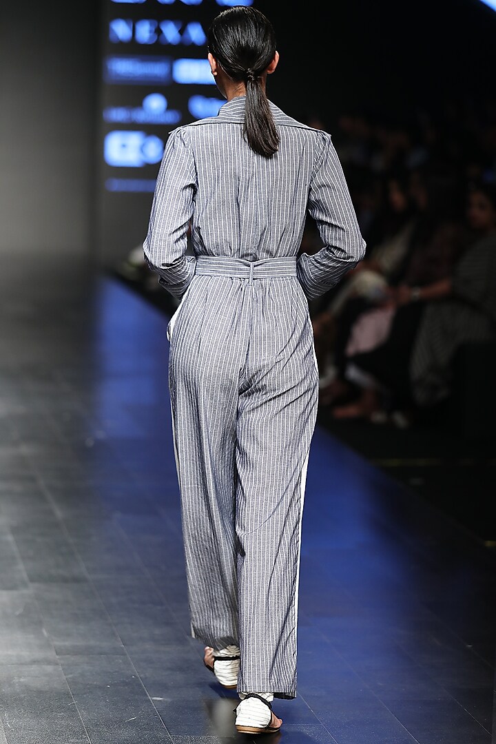 Grey Striped Boxy Jumpsuit by Sayantan Sarkar at Pernia's Pop Up Shop