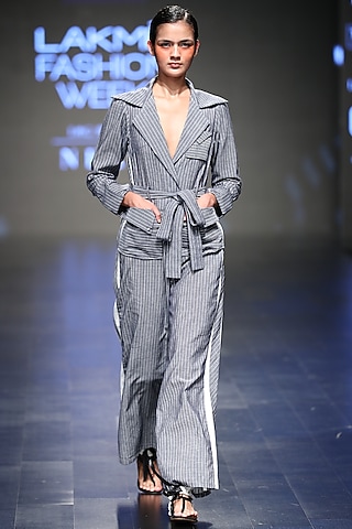 Grey Striped Boxy Jumpsuit by Sayantan Sarkar
