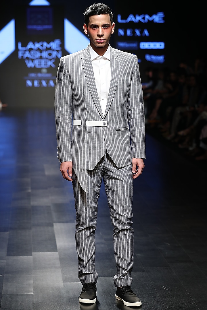 Grey Striped Asymmetric Blazer With Side Belt by Sayantan Sarkar Men
