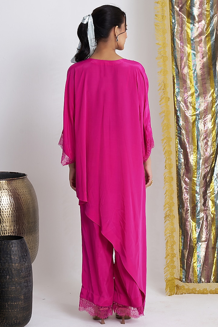 Fuchsia Rasgulla Crepe Mirror Work Asymmetrical Kurta Set by Siyona By Ankurita at Pernia's Pop Up Shop