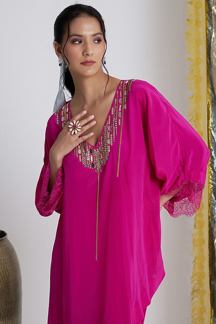Fuchsia Rasgulla Crepe Mirror Work Asymmetrical Kurta Set by Siyona By Ankurita at Pernia's Pop Up Shop