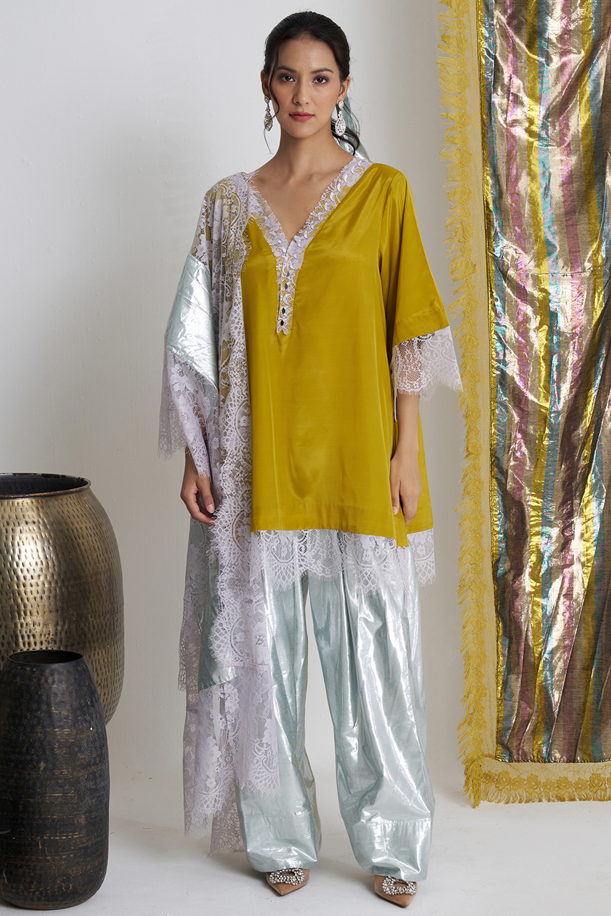 Mustard Rasgulla Crepe Mirror Work Short Kurta Set by Siyona By Ankurita at Pernia's Pop Up Shop