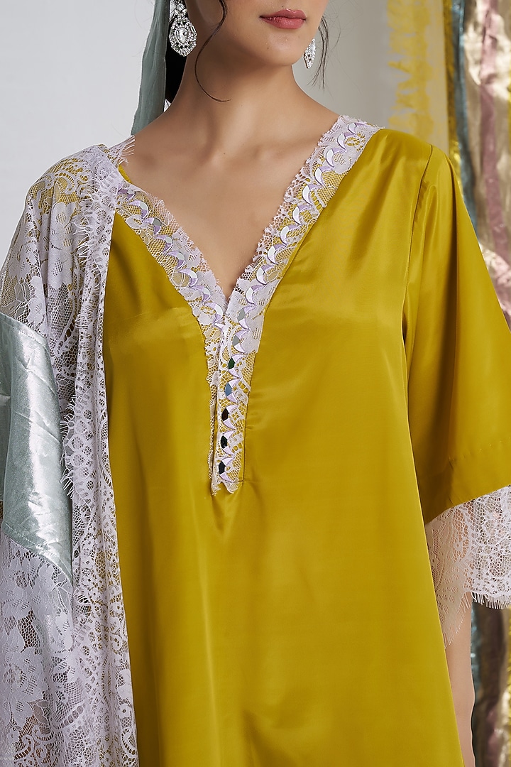 Mustard Rasgulla Crepe Mirror Work Short Kurta Set by Siyona By Ankurita at Pernia's Pop Up Shop