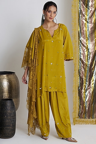 Mustard Rasgulla Crepe Crystal Embroidered Kurta Set by Siyona By Ankurita