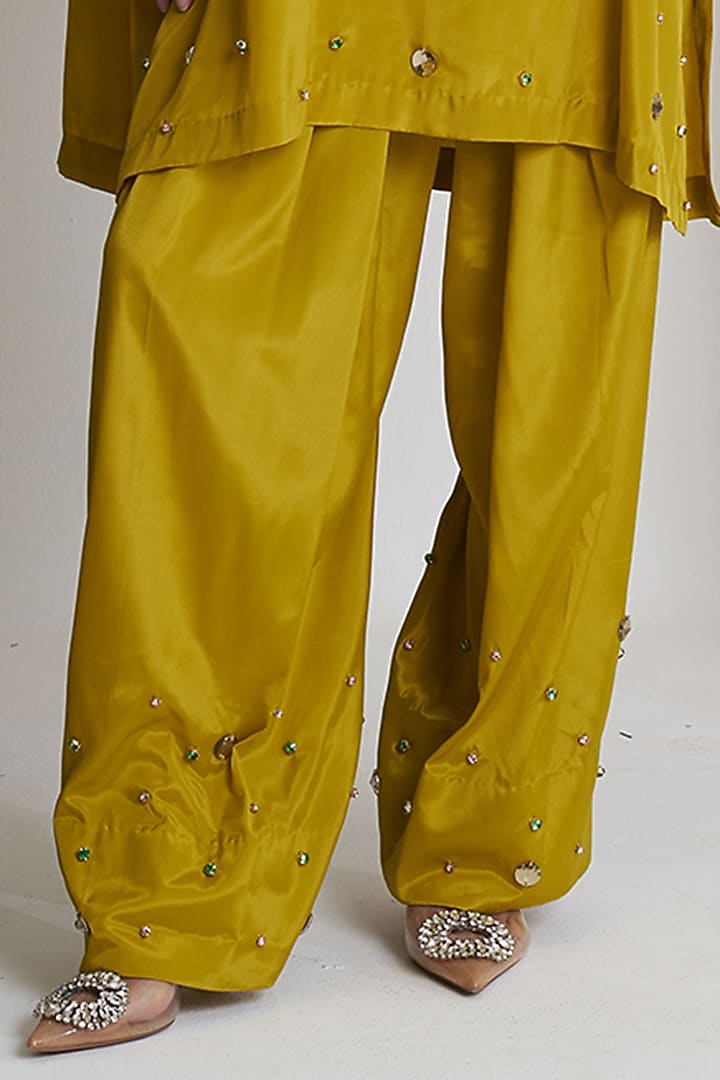 Mustard Rasgulla Crepe Crystal Embroidered Kurta Set by Siyona By Ankurita at Pernia's Pop Up Shop