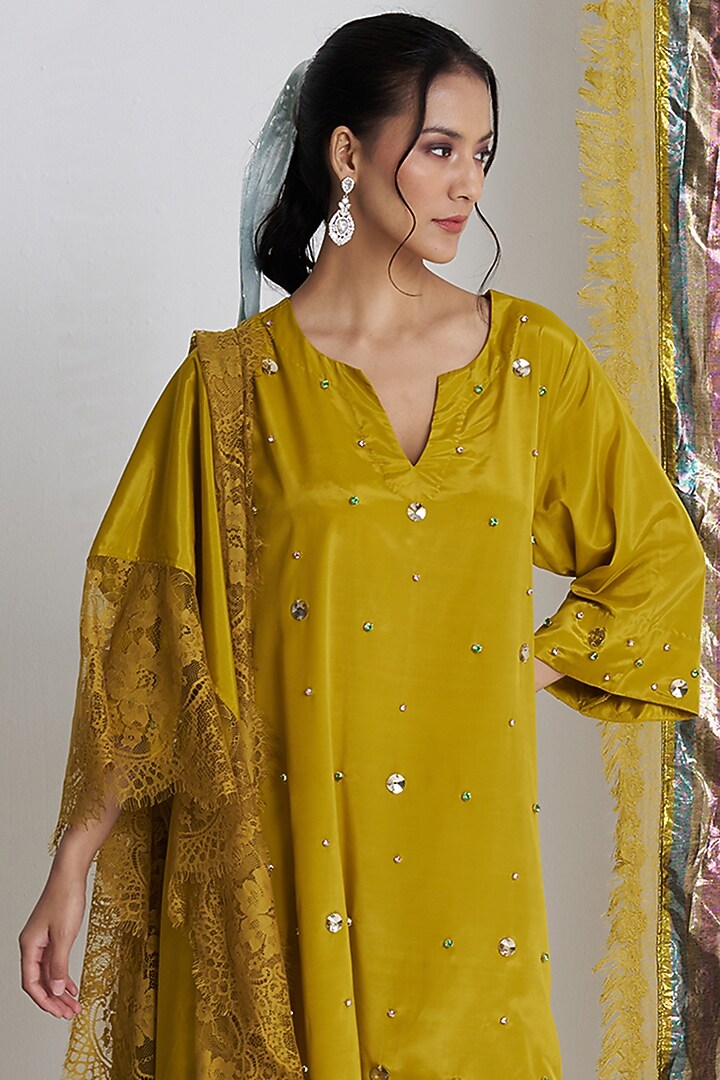 Mustard Rasgulla Crepe Crystal Embroidered Kurta Set by Siyona By Ankurita at Pernia's Pop Up Shop