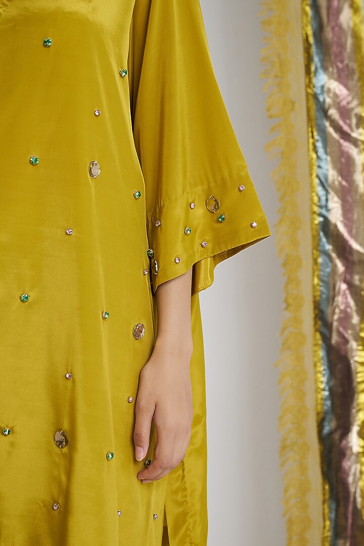 Mustard Rasgulla Crepe Crystal Embroidered Kurta Set by Siyona By Ankurita at Pernia's Pop Up Shop