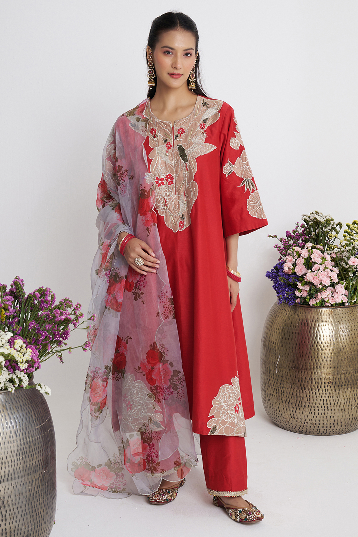 Red & Beige Chanderi Patchwork Kurta Set by Siyona By Ankurita at Pernia's Pop Up Shop