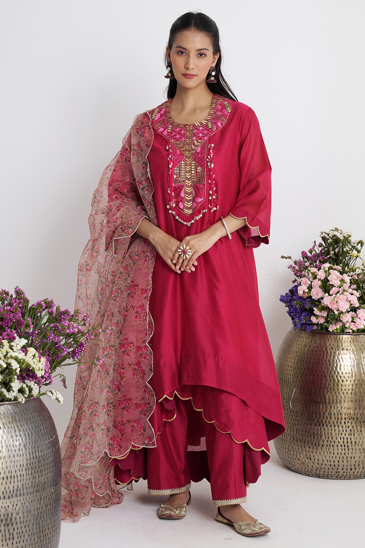 Pink Chanderi Handwork Asymmetric Kurta Set by Siyona By Ankurita at Pernia's Pop Up Shop