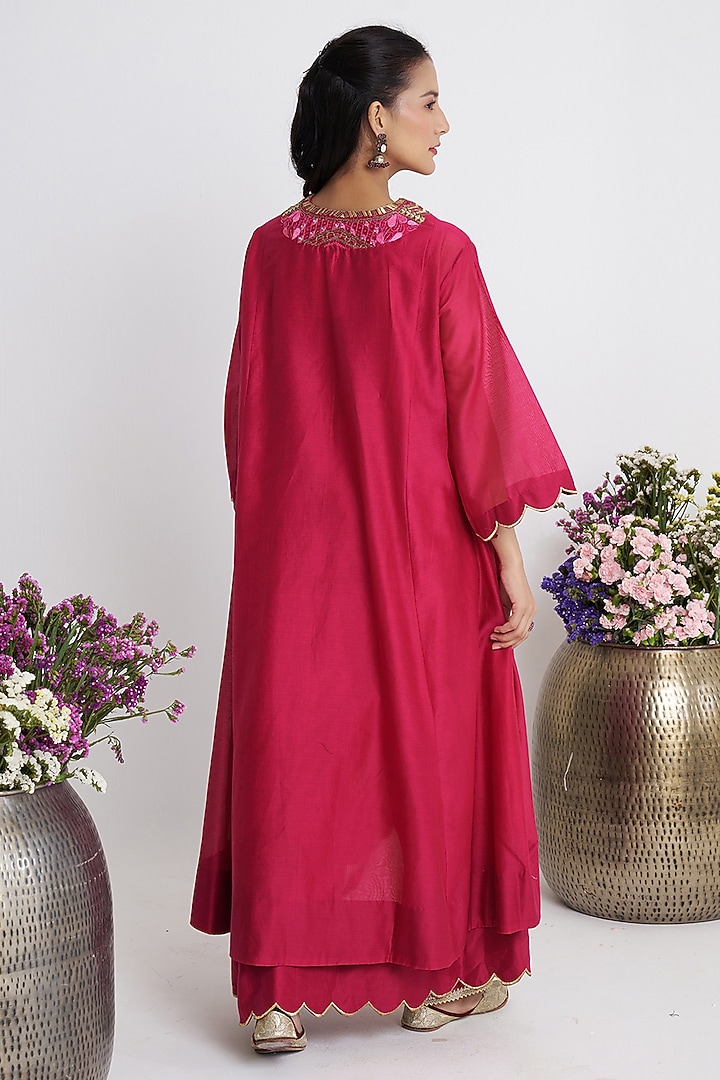 Pink Chanderi Handwork Asymmetric Kurta Set by Siyona By Ankurita at Pernia's Pop Up Shop