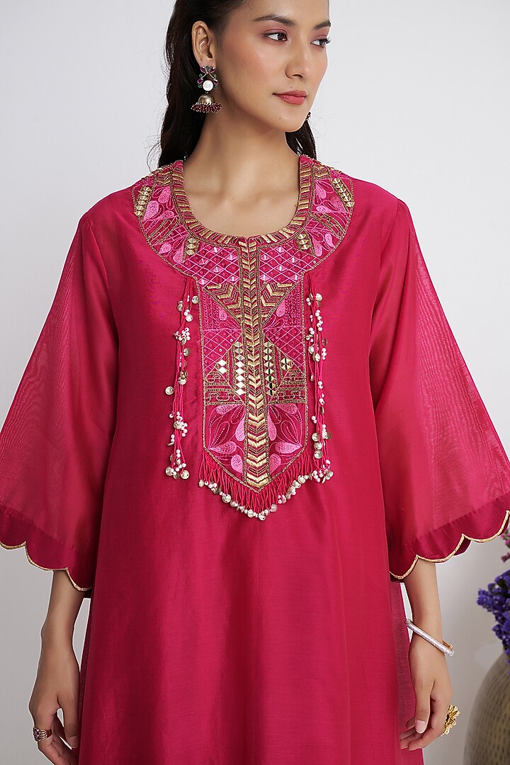 Pink Chanderi Handwork Asymmetric Kurta Set by Siyona By Ankurita at Pernia's Pop Up Shop