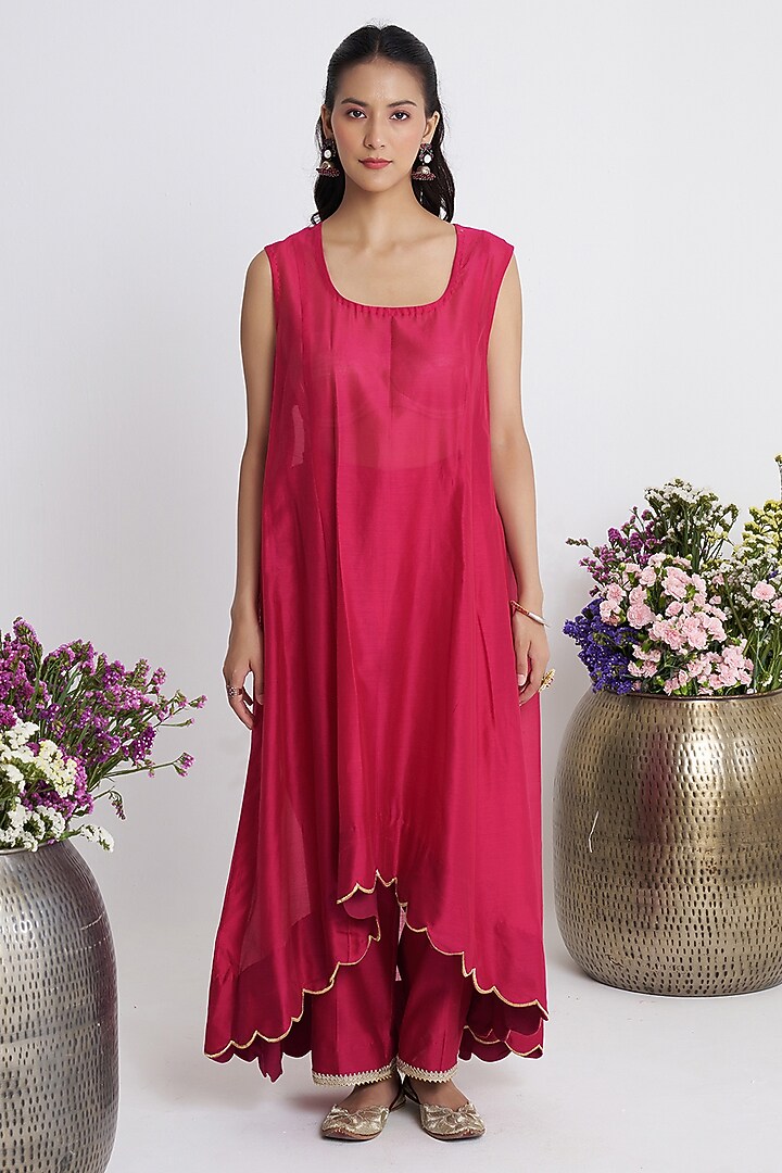 Pink Chanderi Handwork Asymmetric Kurta Set by Siyona By Ankurita at Pernia's Pop Up Shop