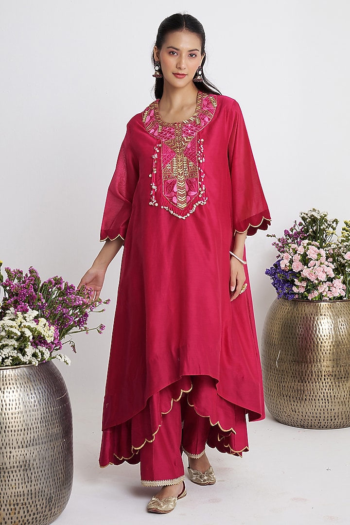Pink Chanderi Handwork Asymmetric Kurta Set by Siyona By Ankurita at Pernia's Pop Up Shop