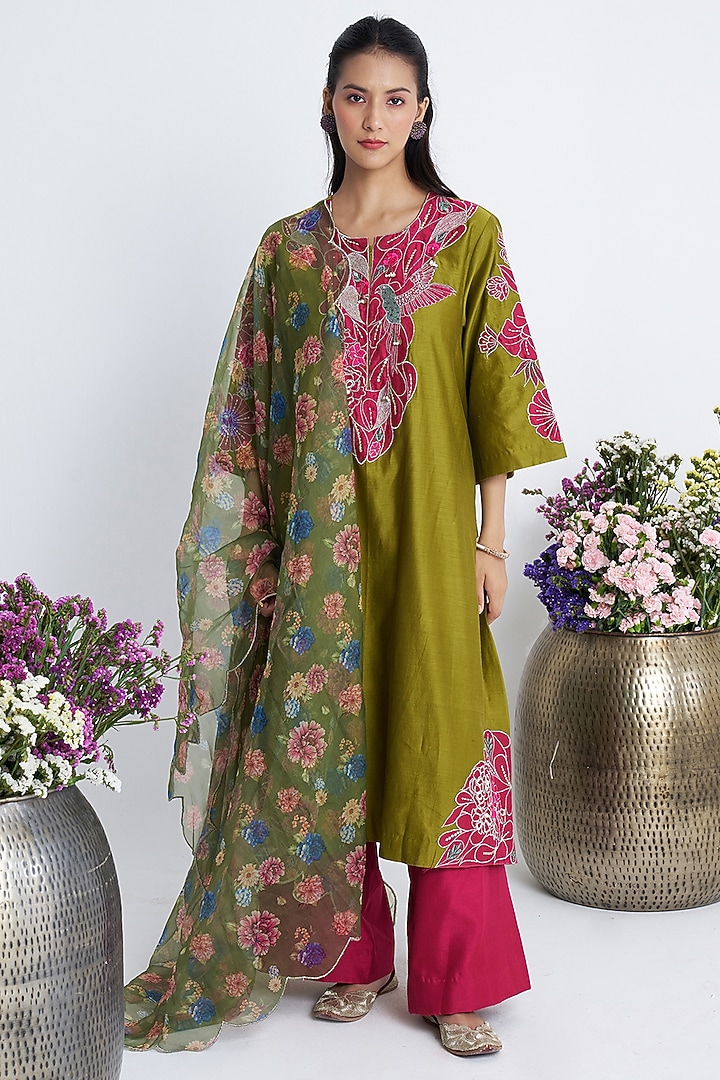 Mehendi Green Chanderi Patchwork Kurta Set by Siyona By Ankurita at Pernia's Pop Up Shop