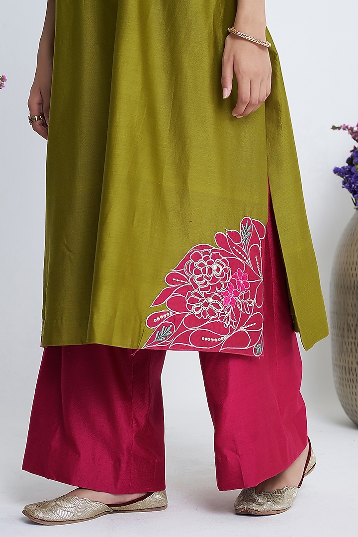 Mehendi Green Chanderi Patchwork Kurta Set by Siyona By Ankurita at Pernia's Pop Up Shop