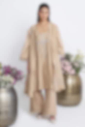 Beige Chanderi Resham & Pearl Embroidered Jacket Kurta Set by Siyona By Ankurita at Pernia's Pop Up Shop
