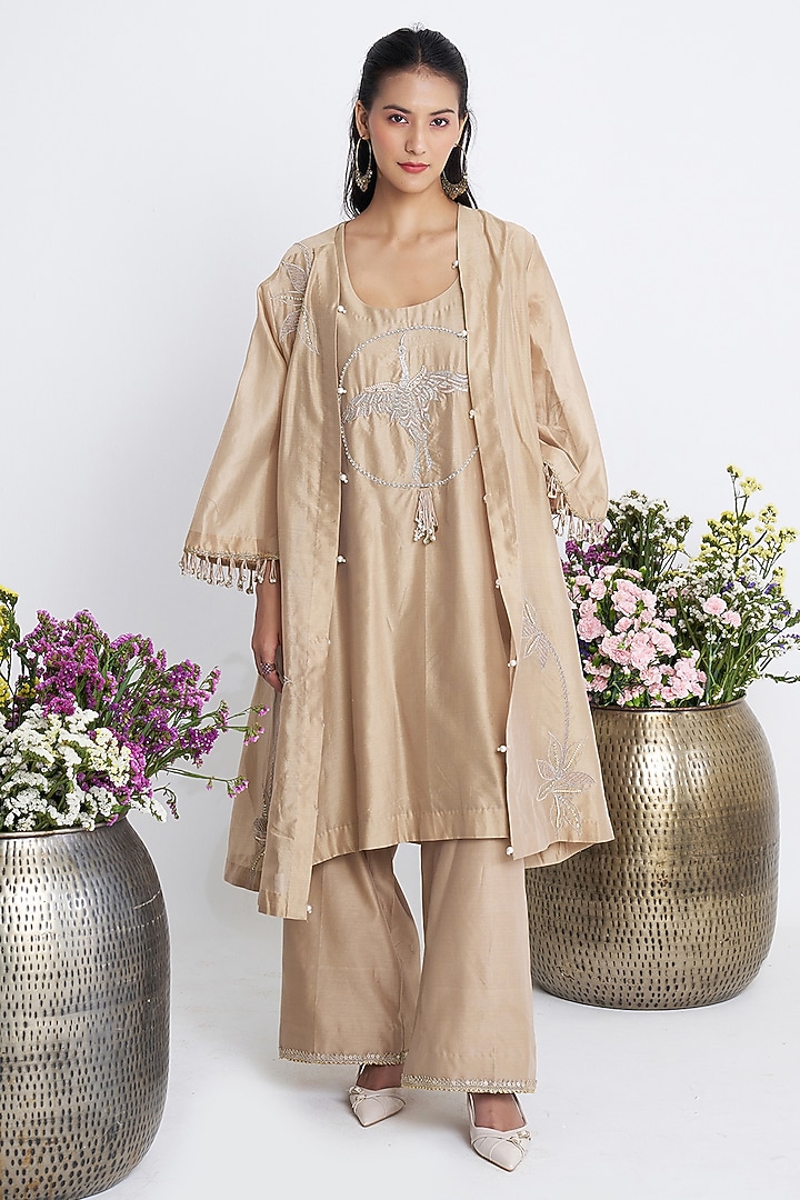 Beige Chanderi Resham & Pearl Embroidered Jacket Kurta Set by Siyona By Ankurita at Pernia's Pop Up Shop