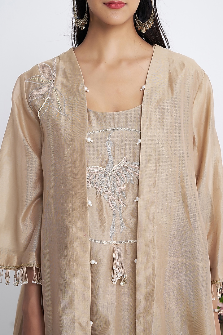 Beige Chanderi Resham & Pearl Embroidered Jacket Kurta Set by Siyona By Ankurita at Pernia's Pop Up Shop