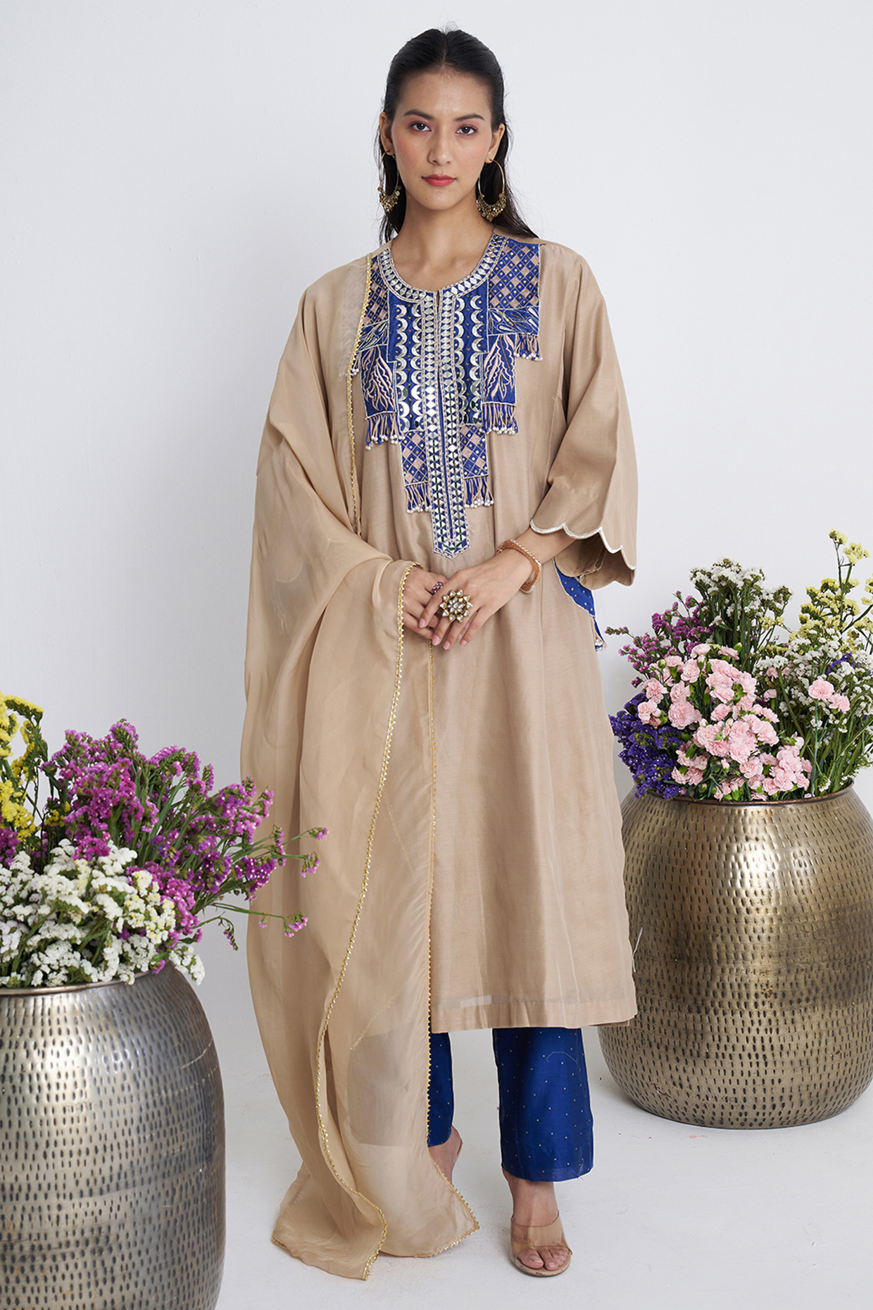 Beige Chanderi Patchwork Kurta Set by Siyona By Ankurita at Pernia's Pop Up Shop