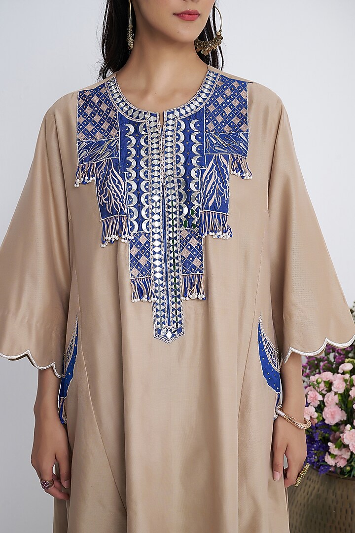 Beige Chanderi Patchwork Kurta Set by Siyona By Ankurita at Pernia's Pop Up Shop