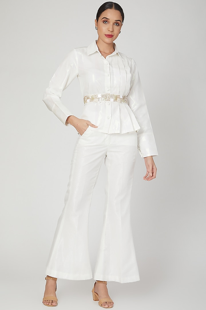 White Pleated Shirt With Pants & Embroidered Belt by Siyona By Ankurita