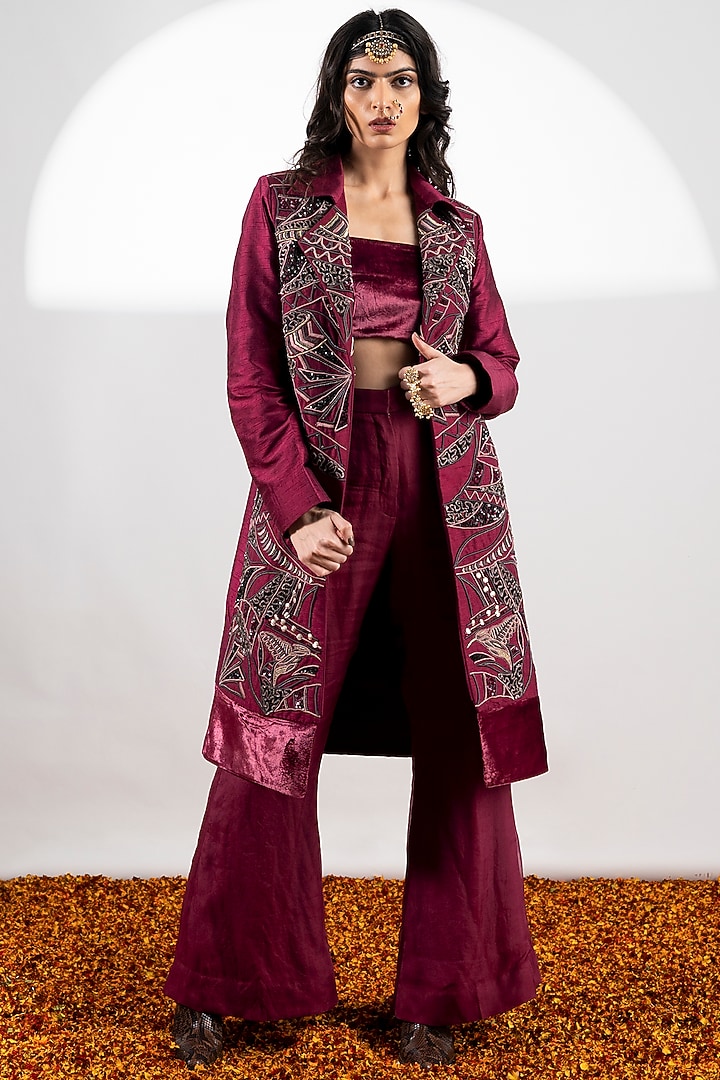 Plum Silk Embellished Jacket Set by Siyona By Ankurita at Pernia's Pop Up Shop