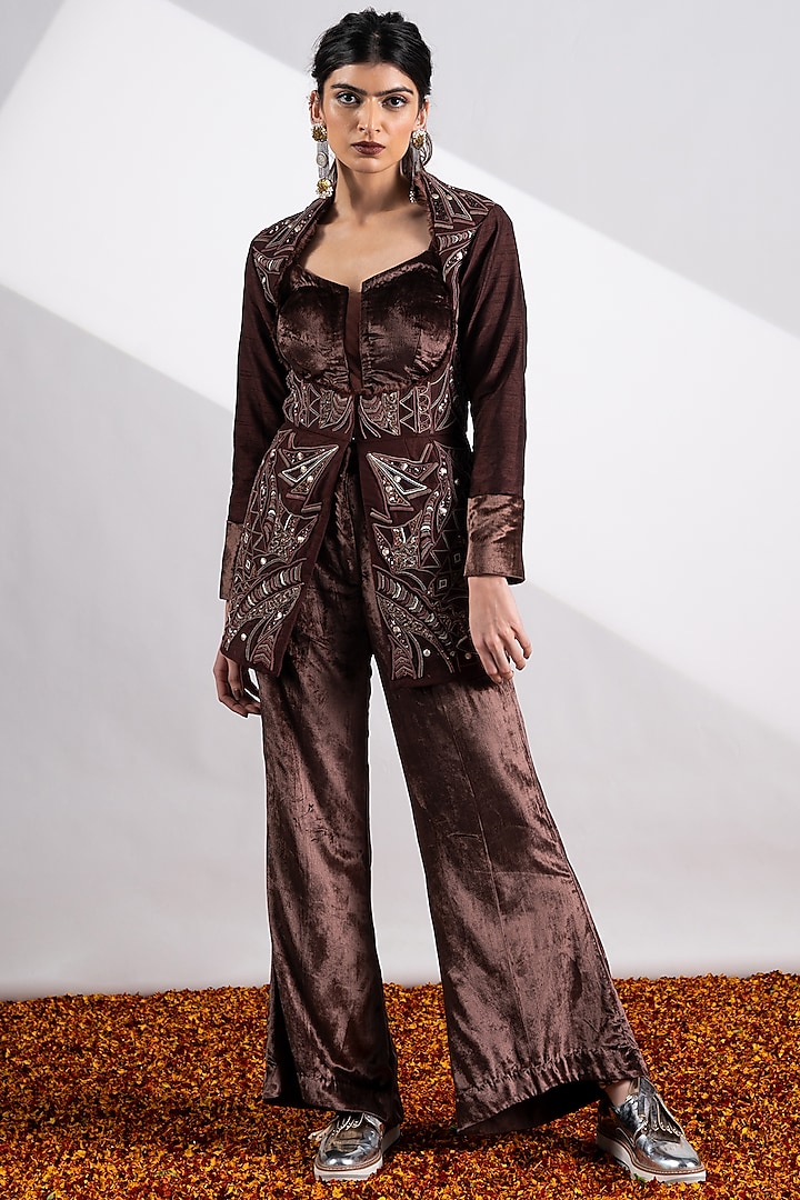 Dark Brown Raw Silk Jacket Set by Siyona By Ankurita