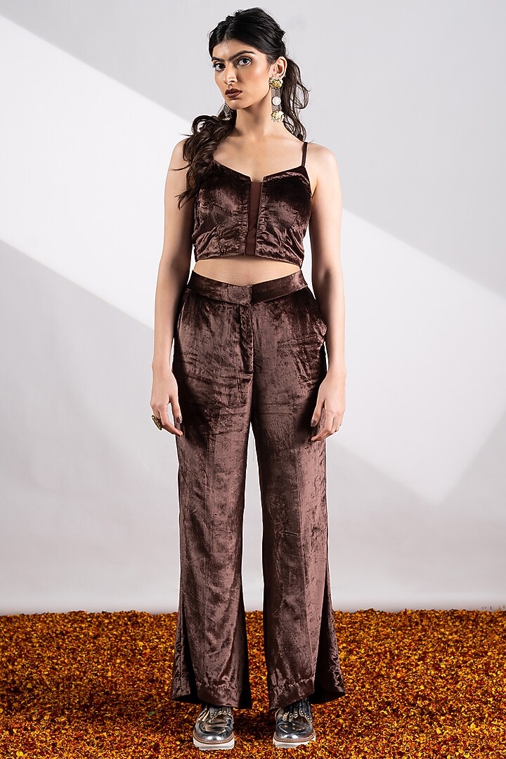 Dark Brown Raw Silk Jacket Set by Siyona By Ankurita at Pernia's Pop Up Shop