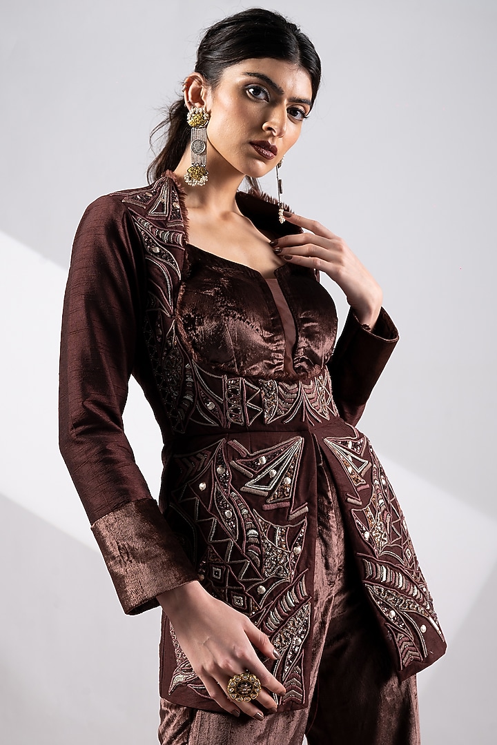 Dark Brown Raw Silk Jacket Set by Siyona By Ankurita at Pernia's Pop Up Shop