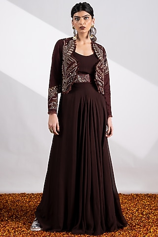 Dark Brown Embellished Jacket Set by Siyona By Ankurita