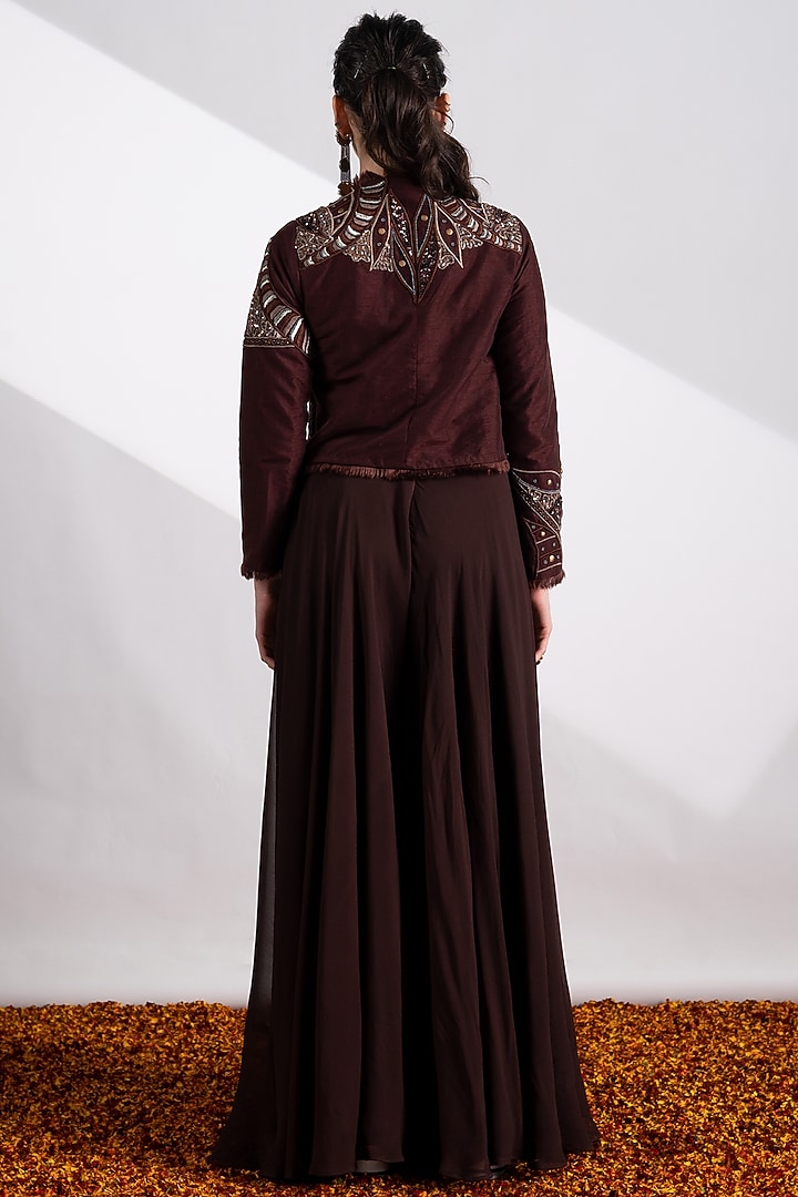 Dark Brown Embellished Jacket Set by Siyona By Ankurita at Pernia's Pop Up Shop