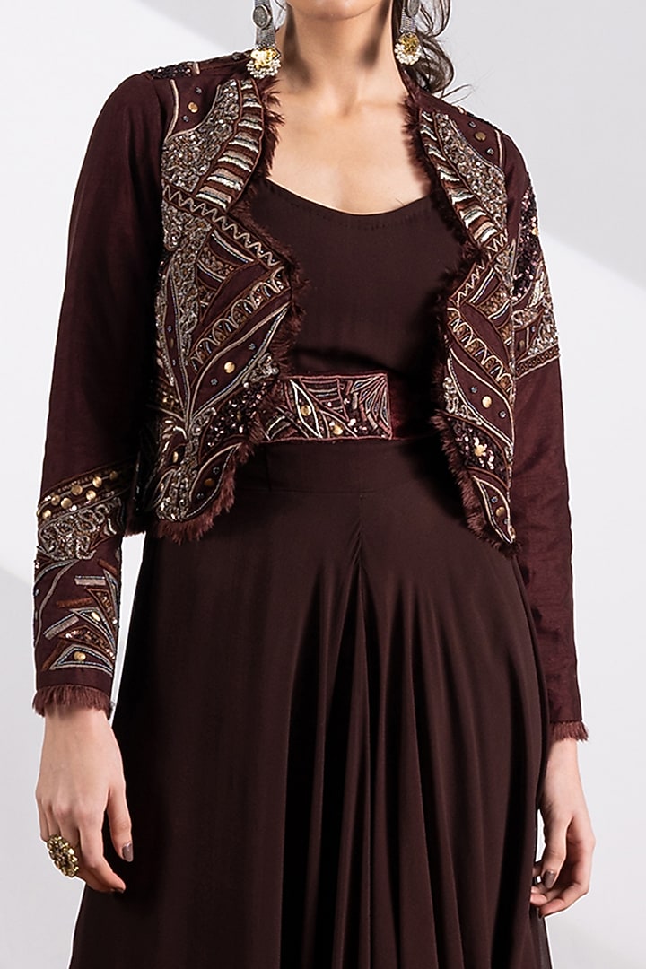 Dark Brown Embellished Jacket Set by Siyona By Ankurita at Pernia's Pop Up Shop